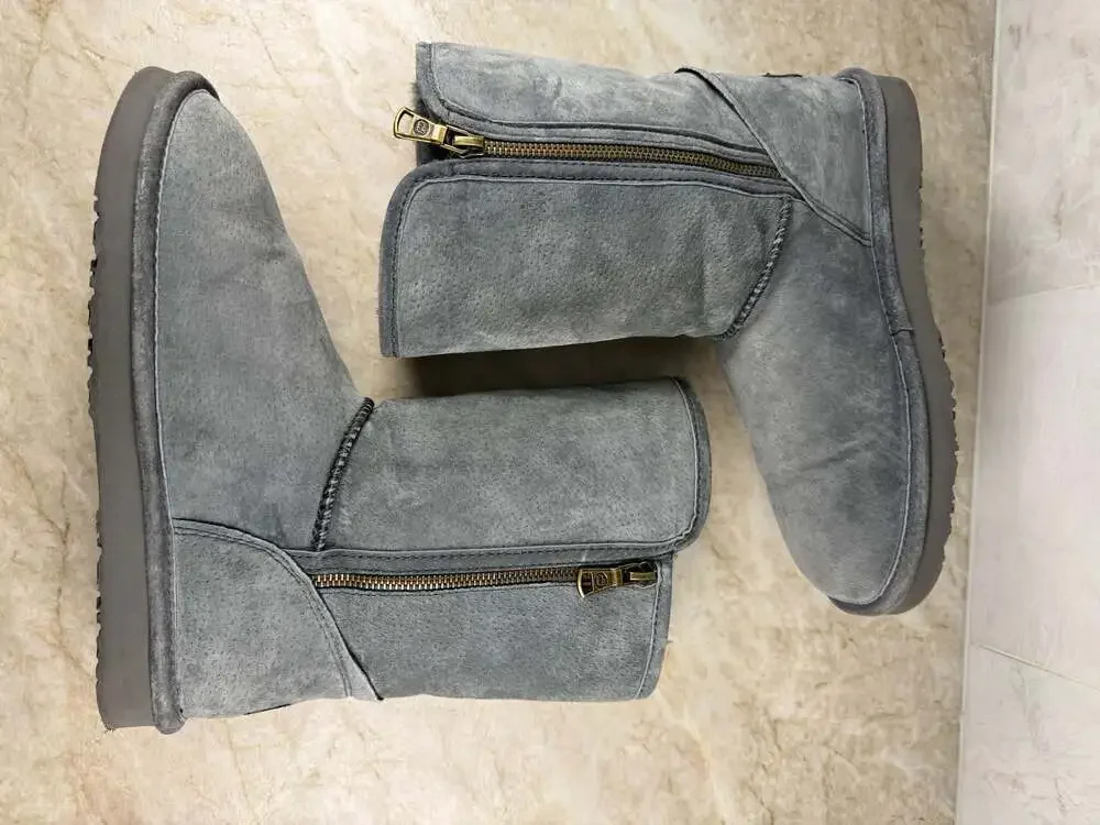 LAMO Gray Suede Mid Calf Winter Boots Faux Fur Lined Side Zip Womens 8
